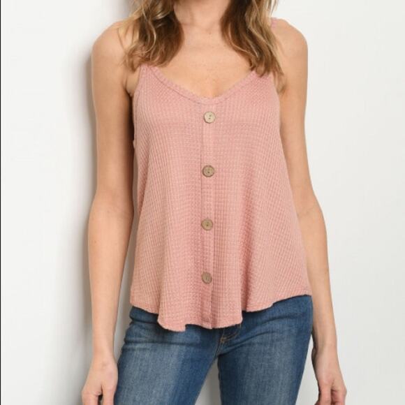 Tops - Waffle Knit Top Button Detail Pink Tank